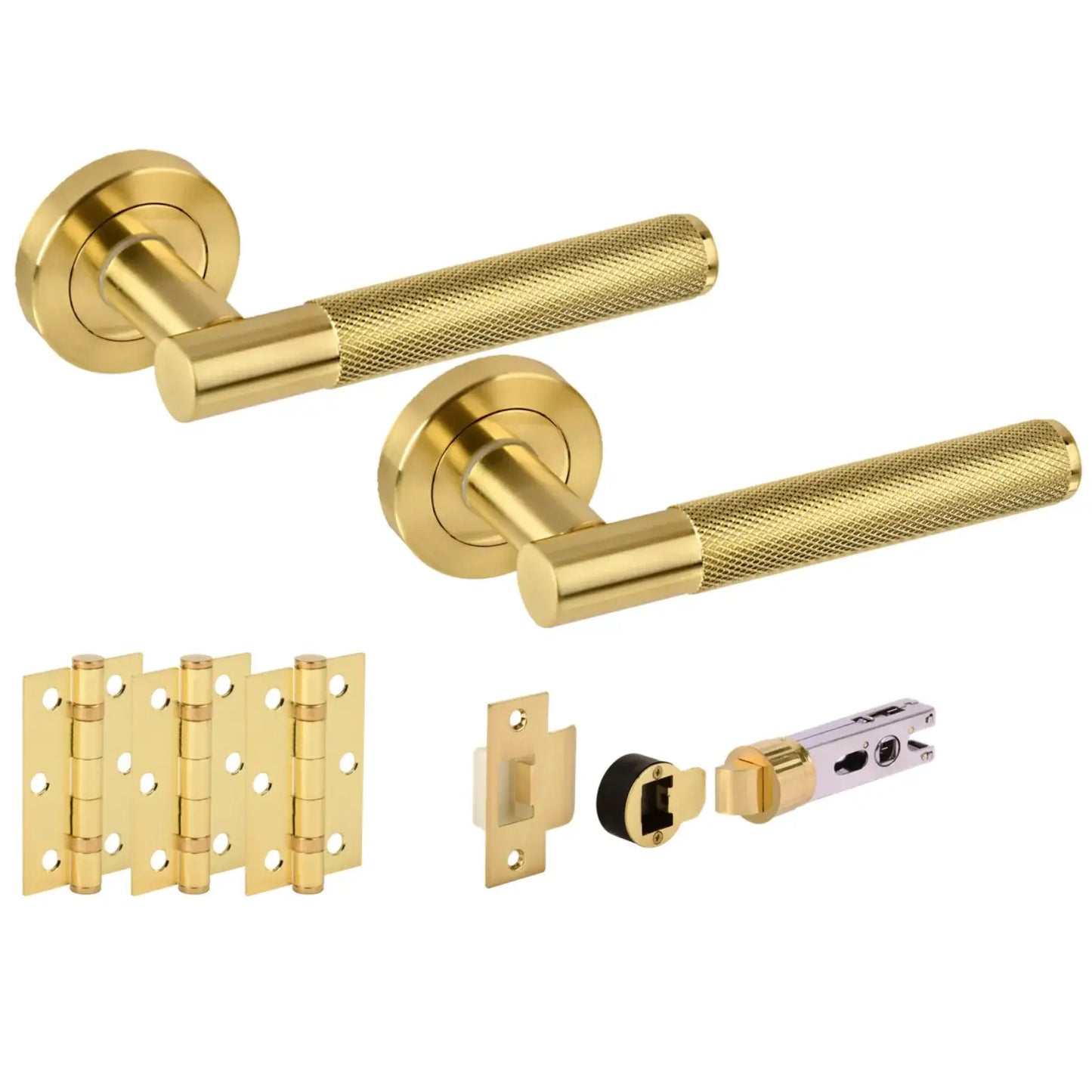 Evo Satin Brass Bullet Latch Lever Hardware Pack