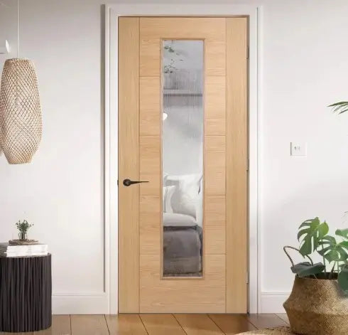 Horizontal 5P V Groove Long Light Glazed Oak Door