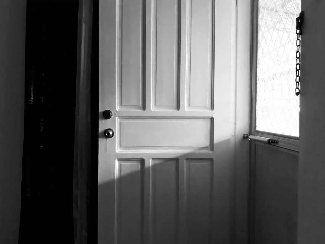 Monochrome image of a door with a window, classic design, contrasting colours, vintage feel.