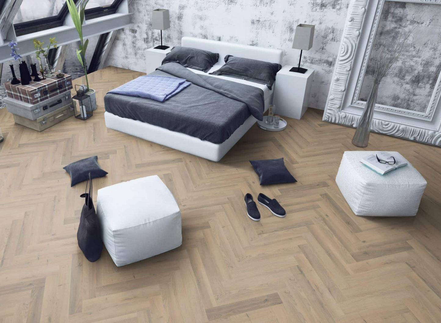 Premium Embossed Greige Oak Herringbone