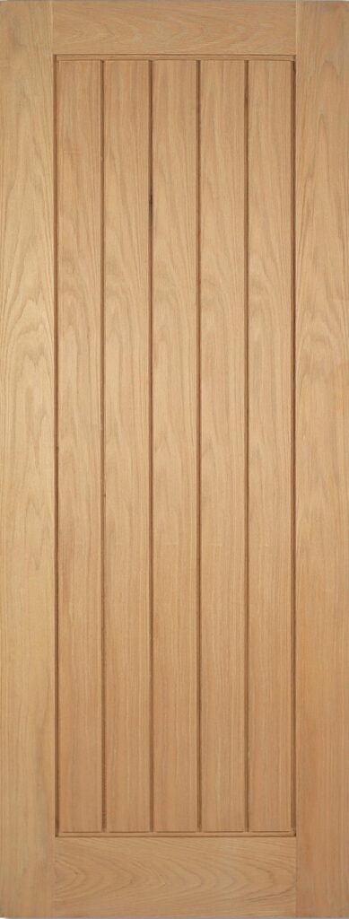 A classic wooden door with five beautifully crafted panels.